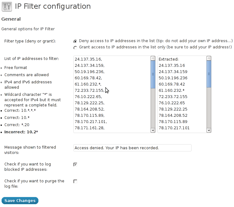 IP Filter settings page